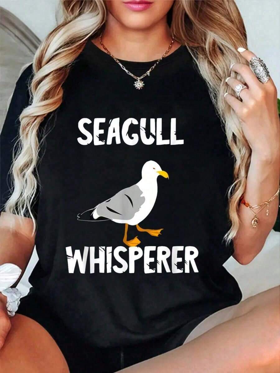 Women's Graphic Print Short-Sleeve T-Shirt, 100% Cotton, Featuring A Design Of Seagulls, Albatrosses, Teal, And Beach Birds. Vintage-Style Relaxed Fit Women's T-Shirt, Premium Soft Tops, Fashionable Crew Neck Tees With A Print. Comfortable, Soft, And Simple Top For Everyday Wear. - 黑色 - 查看 1
