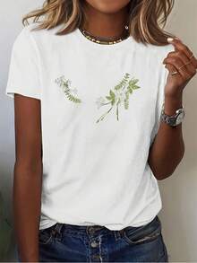 Top casual para mujer, con diseño floral blanco y temática de San Valentín, perfecto para primavera/verano 2026, con cuello redondo y mangas cortas. - Blanco - Ver 7