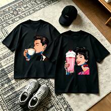 2-Piece Couple Matching Pattern T-Shirt, 100% Cotton, Loose Fit, Soft And Breathable, Casual Round Neck Short Sleeved Top Eternal Elixir Bottle Design Phoebus Blue Bottle Art Versatile Patterns No Picky Combinations Coordinated Dating Casual Travel Simple And Cartoonish Printing Styles High - 黑色 - 查看 1