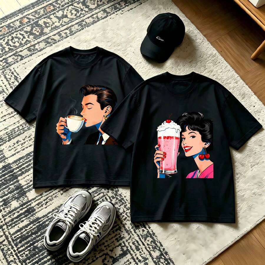 2-Piece Couple Matching Pattern T-Shirt, 100% Cotton, Loose Fit, Soft And Breathable, Casual Round Neck Short Sleeved Top Eternal Elixir Bottle Design Phoebus Blue Bottle Art Versatile Patterns No Picky Combinations Coordinated Dating Casual Travel Simple And Cartoonish Printing Styles High - 黑色 - 查看 1