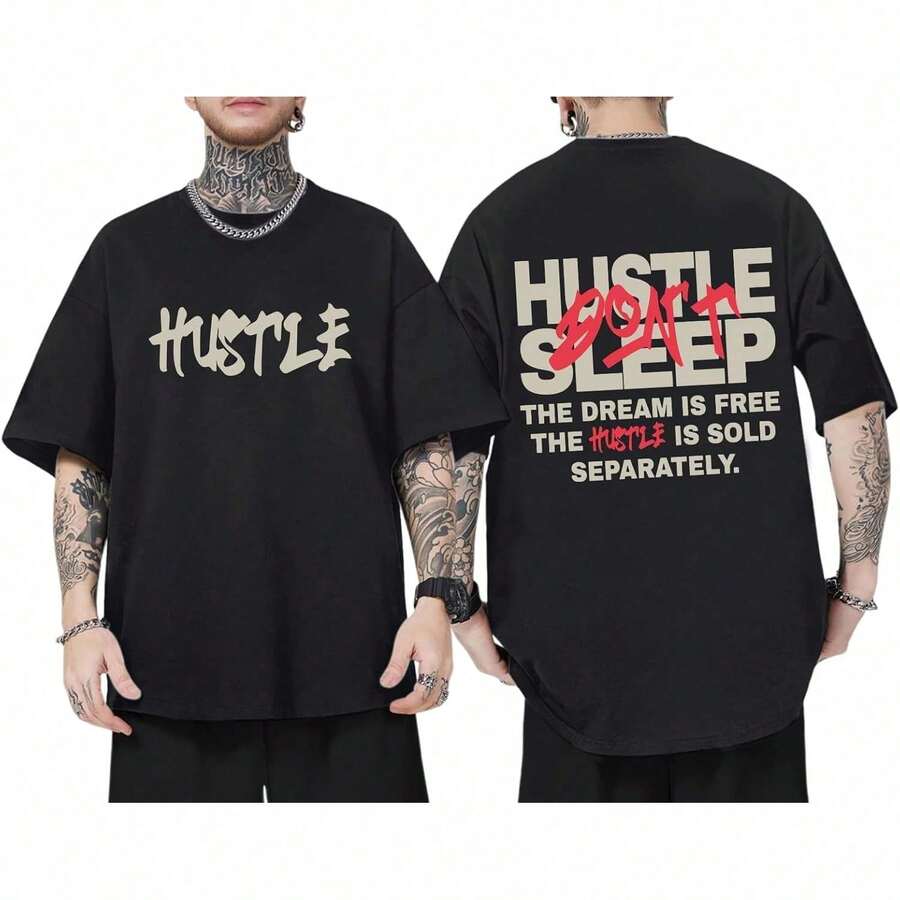 Camiseta de gran tamaño con estampado, ropa de calle para hombre, camiseta vintage con letras, camiseta de algodón inspiradora y positiva QWUE - Negro - Ver 1