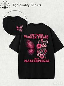 Camiseta Casual Mujer Estampado Mariposa Floral Rosa con Slogan Cristiano, Blusa de Algodón Suelta Moda de Verano - Negro - Ver 7