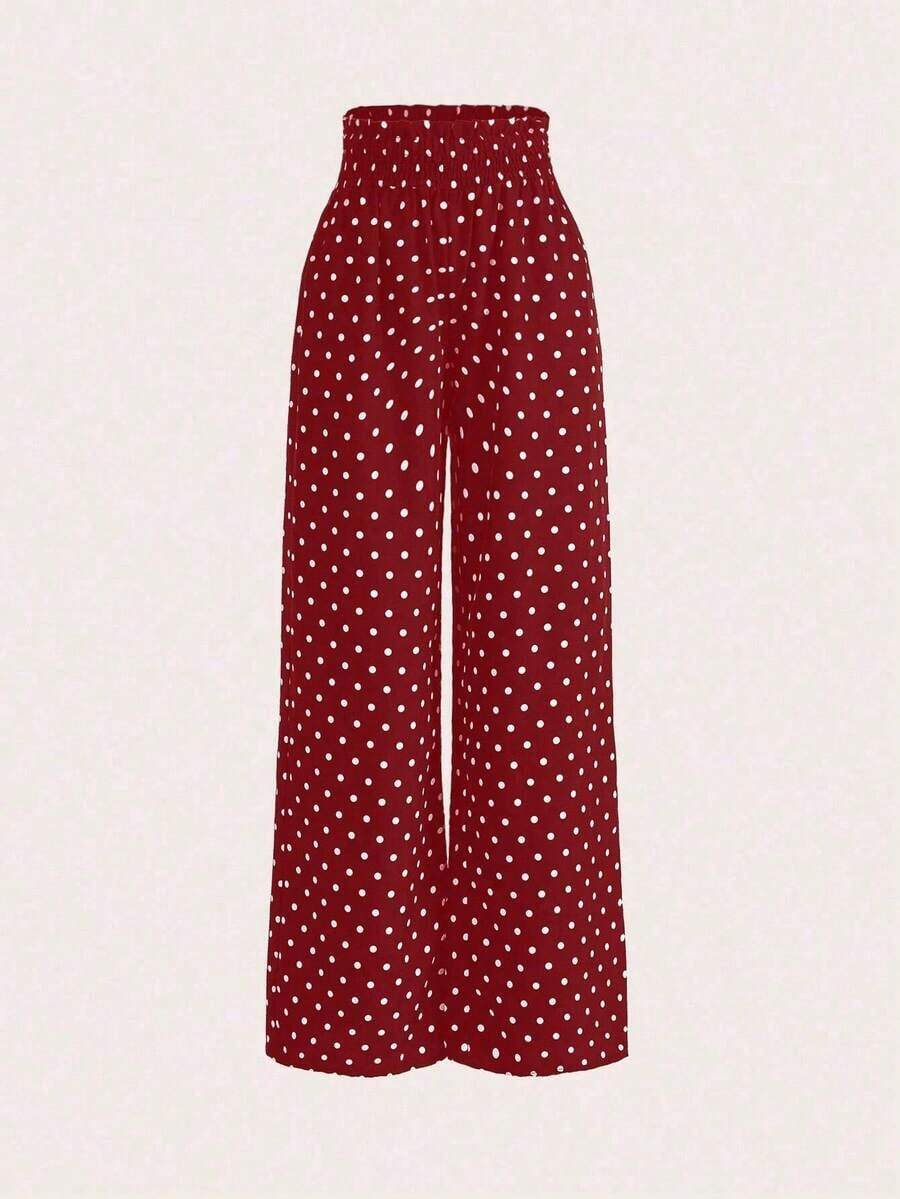 Pantalones de pierna ancha con estampado de lunares de talle alto - Rojo - Ver 1