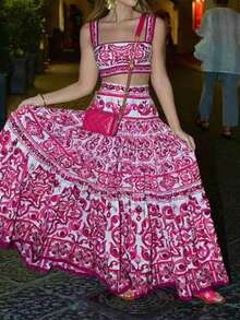 Conjunto de 2 piezas nuevo de primavera para mujer, elegante, estampado, top de tirantes y falda, diseño favorecedor, perfecto para looks de día y ocasiones informales - Estampado floral rojo rosa - Ver 6