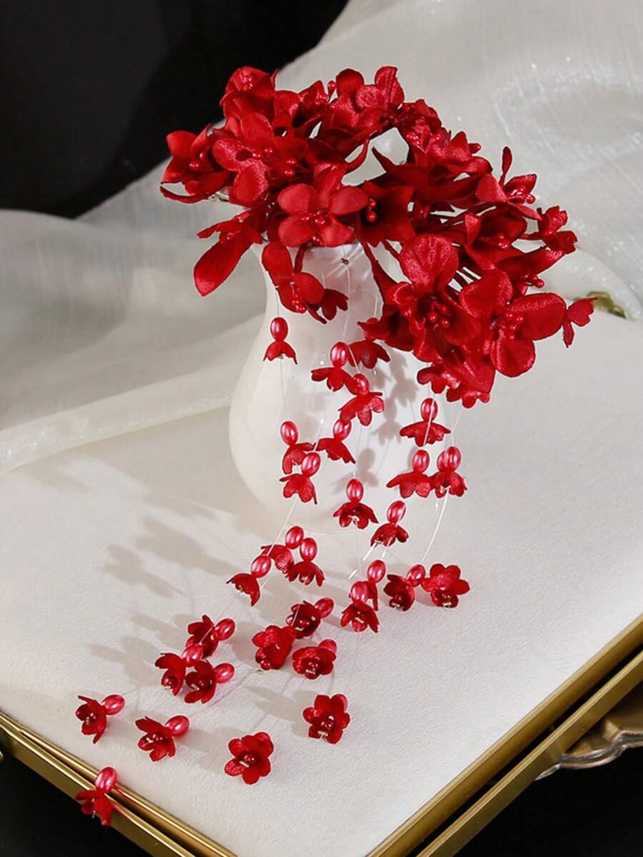 1pc Lily Of The Valley Flower Tassel Edge Hair Clip, New Chinese Style Fabric Flower Pearl Tassel Hair Pin, Gentle Atmosphere Updo Hair Accessory - Multicolor - View 1