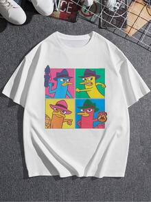 Figura colorida que muestra un divertido personaje con sombrero en cuatro expresiones de valentía y humor simbolizando energía positiva y espíritu aventurero camiseta de mujer  casual cómoda para uso diario - Blanco - Ver 3