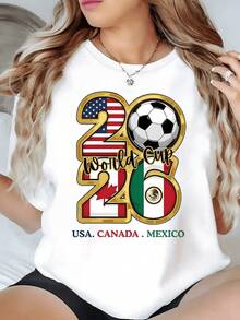 Flags Of The United States, Canada, And Mexico Alongside A Soccer Ball, Celebrating Global Sporting Unity With Positive Energy And Passion For Soccer. Modern Casual Women's T-Shirt For Sporting Events - 白色 - 查看 1
