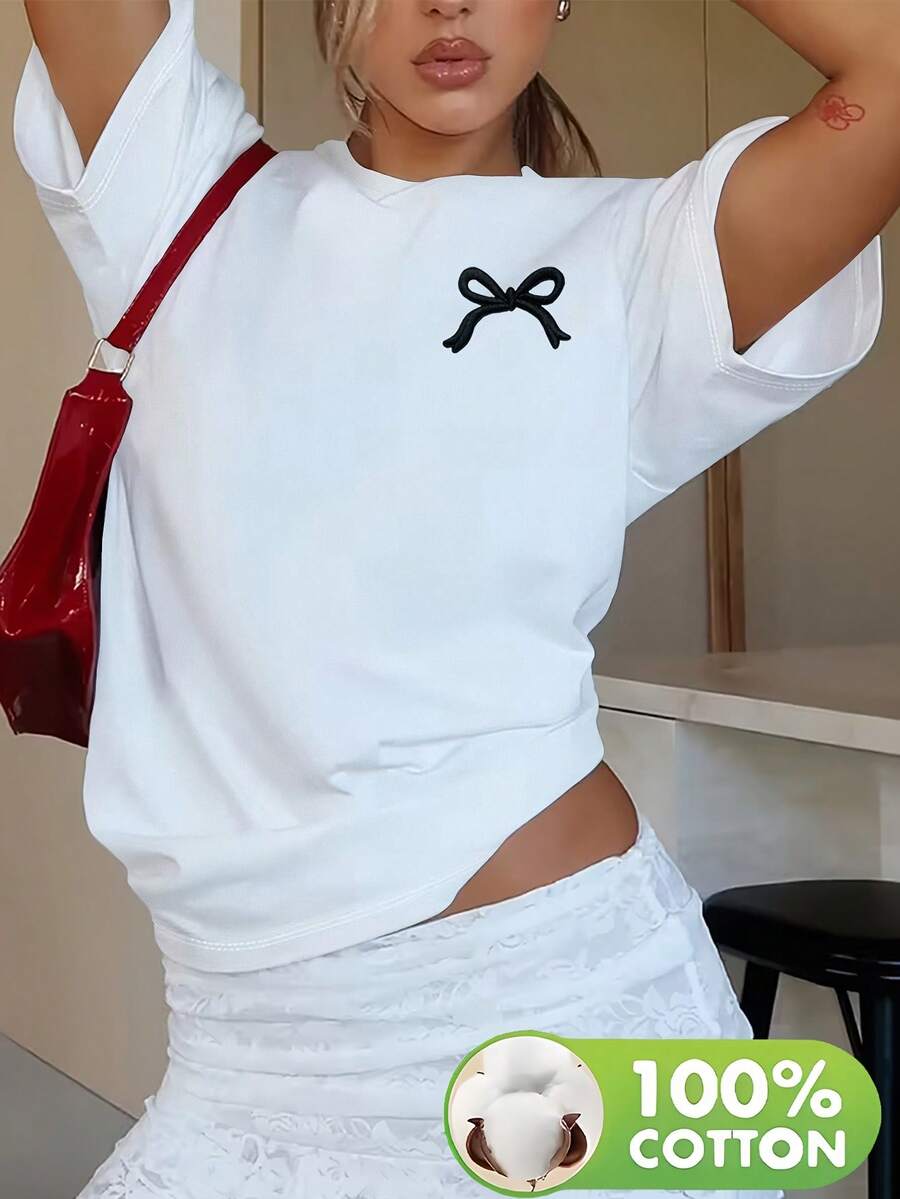 Women's 100% Cotton Heart Design T-Shirt - Soft And Comfortable, Short-Sleeved, Casual Spring/Summer Style With Bow Design, Machine Washable - Unisex Loose-Fitting Urban Vintage Style Cotton T-Shirt With Round Neck And Short Sleeves, Blouses For Women. Casual Blouses For Ladies. - 白色 - 查看 1