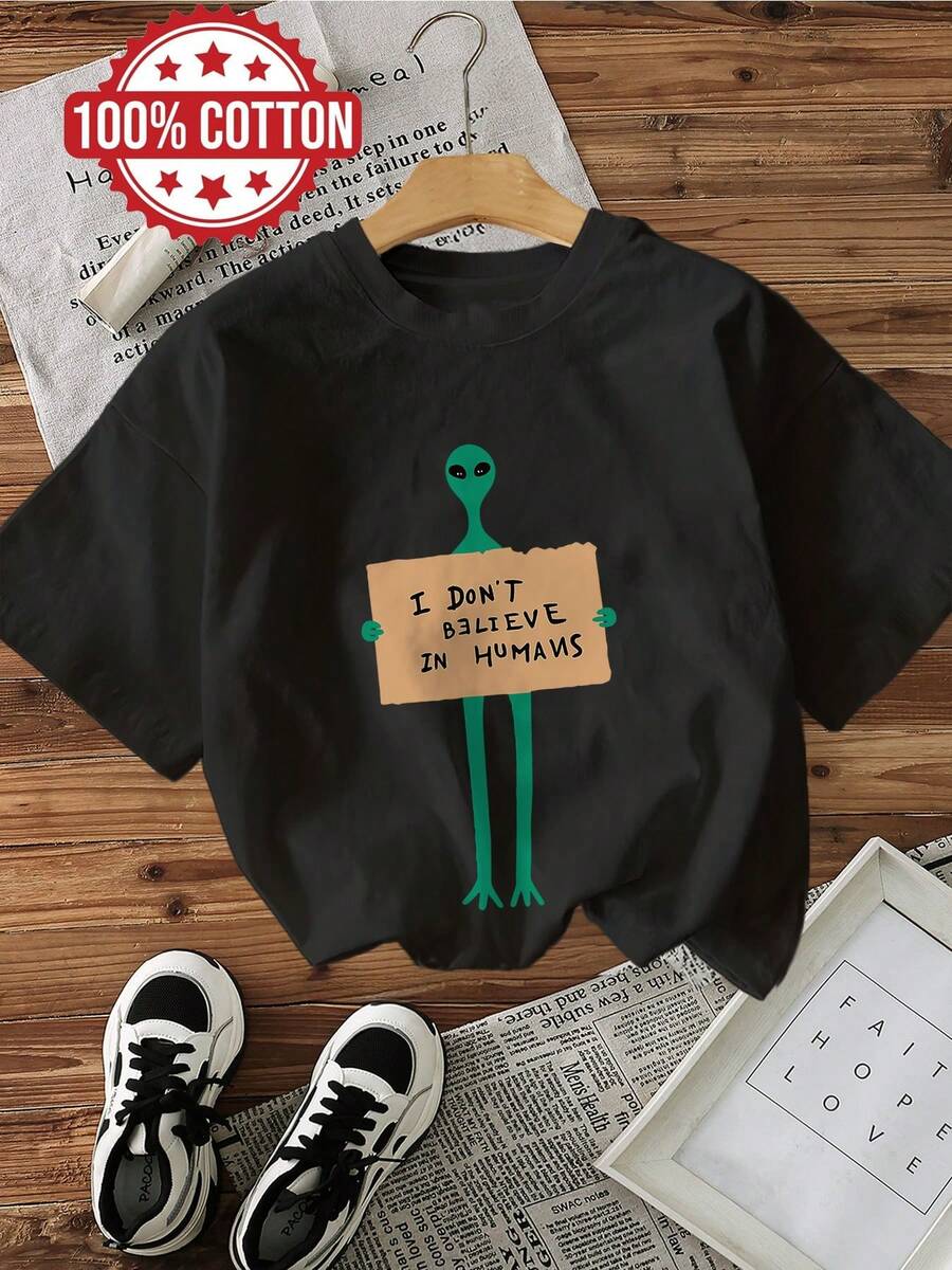 Women's Casual Summer T-Shirt, Cartoon Style With Alien Phrase Print Like "I DON'T BELIEVE IT", Short Sleeve, Round Neck, Pure Cotton - Urban Vintage Style, Unisex, Loose Cotton T-Shirt With Round Neck And Short Sleeves, Blouses For Women. Blouses.Casual Blouses For Ladies. - 黑色 - 查看 1