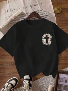 Camiseta Casual de Verano para Mujer - Estampado de Cruz Floral de Jesús, Cuello Redondo, adecuada para uso al aire libre, estilo callejero Y2K, estética punk, para la temporada de regreso a clases, viajes, clubes, gimnasios, entornos deportivos y ocasiones festivas - Camiseta Vintage de Estilo Urbano Unisex, Holgada, de Algodón, Manga Corta y Cuello Redondo, blusas para mujer. blusas.blusas casuales para dama. - Negro - Ver 3