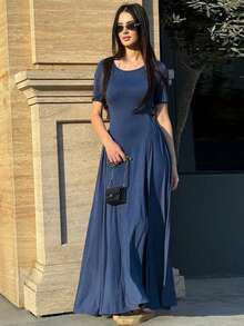 Vestido mujer verano manga corta cuello U liso ajustado elegante estilo europeo  moda - Azul Marino - Ver 2