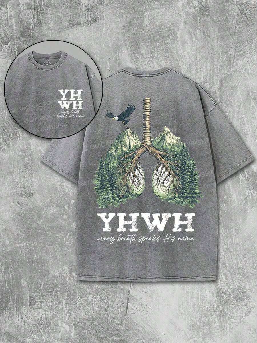 2026 New American Style T-Shirt% Cotton YHWH Nature Vintage Washed% Cotton | Graphic Forest Lungs With Birds, Distressed Fabric - Religious Inspired Clothing And Meaningful Gift Idea | Unisex - 灰色 - 查看 1
