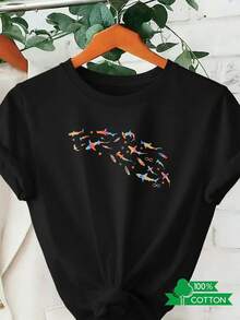 Camiseta de Cuello Redondo para Mujer con Estampado de Anime y Letras de Moda, Edición Limitada, diseño sencillo, cómoda y transpirable, adecuada para uso casual diario, muestra un estilo natural y elegante, imprescindible para fiestas de verano, envío local, Algodón Ligero Shark. - Negro - Ver 12