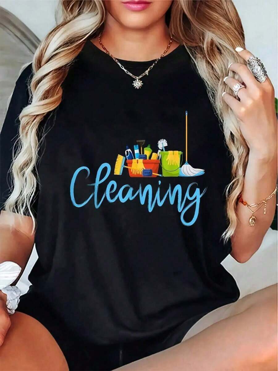 Camiseta Divertida para Mujeres Entusiastas de la Limpieza, 100% Suave, Manga Corta, Cuello Redondo, Estampado Azul de Limpieza con Diseño de Fregonas y Escobas Coloridas, Regalo Casual para Amas de Casa, Ropa con Temática de Limpieza, Moderna y Creativa, Adecuada para Primavera y Verano.