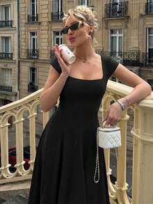 Vestido largo invierno estilo francés liso ajustado con tirantes cremallera y lazos traseros elegante moda para mujer - Negro - Ver 5