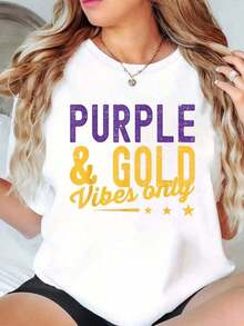 Camiseta con estampado FunnyPurple And Gold Vibes Only Game Day For High Football, camiseta casual de cuello redondo, manga corta, cómoda, para primavera y verano, talla S-3XL, para verano. - Blanco - Ver 1