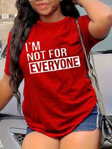 Camiseta estampada de moda casual de talla grande para mujer, con estampado de letras a la moda, capa base, adecuada para salidas diarias, estilo único. - Rojo - Ver 6