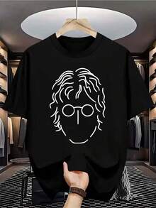 Men'S Easy Line Art Portrait Printing Short-Sleeve T-Shirt Round Neck Summer Shirt Breathable Comfortable Spring Outdoor Daily Wear Modern Style Light Shirt Machine-Washable Fashionable Clothing - 黑色 - 查看 1