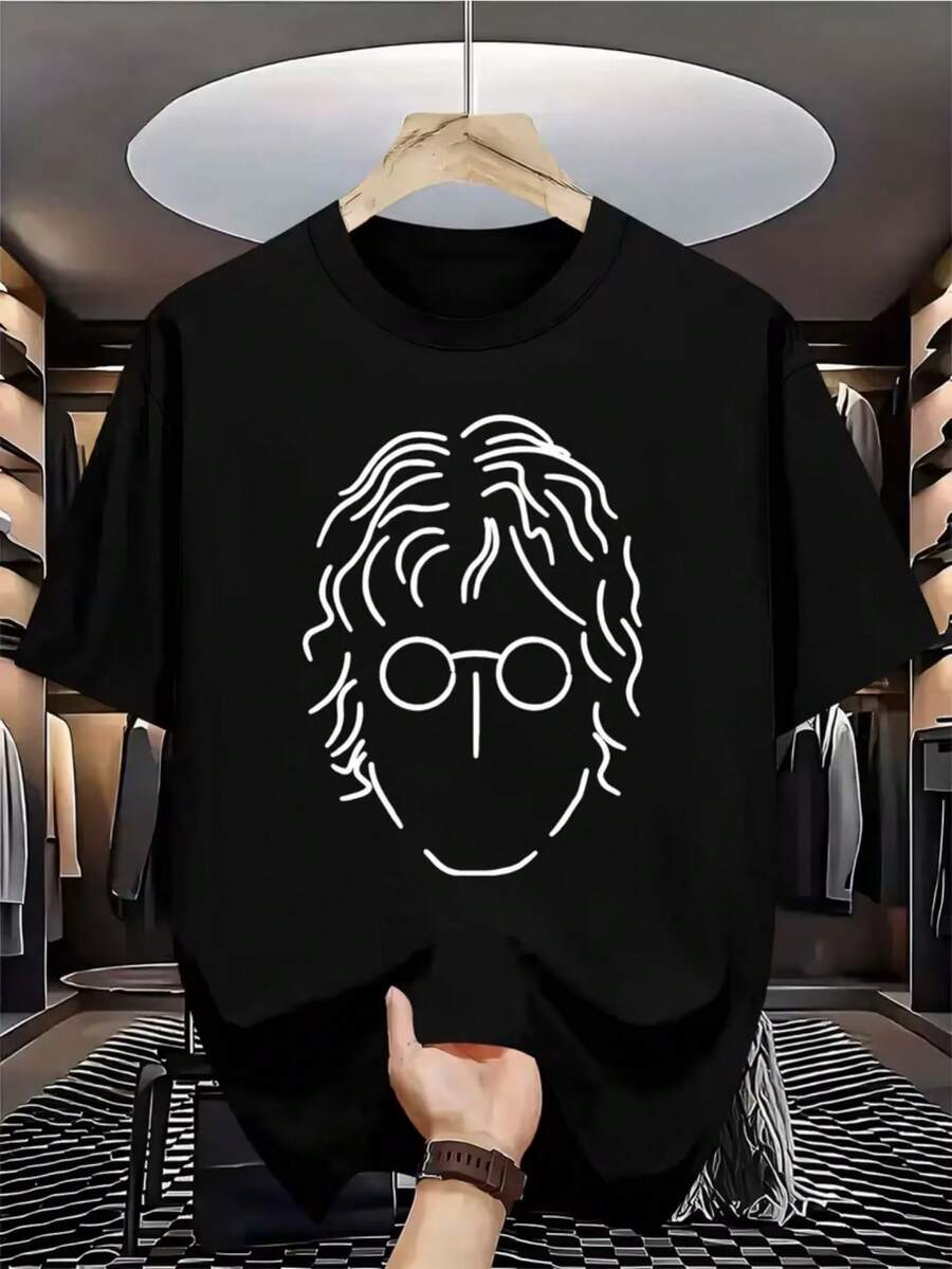 Men'S Easy Line Art Portrait Printing Short-Sleeve T-Shirt Round Neck Summer Shirt Breathable Comfortable Spring Outdoor Daily Wear Modern Style Light Shirt Machine-Washable Fashionable Clothing - 黑色 - 查看 1