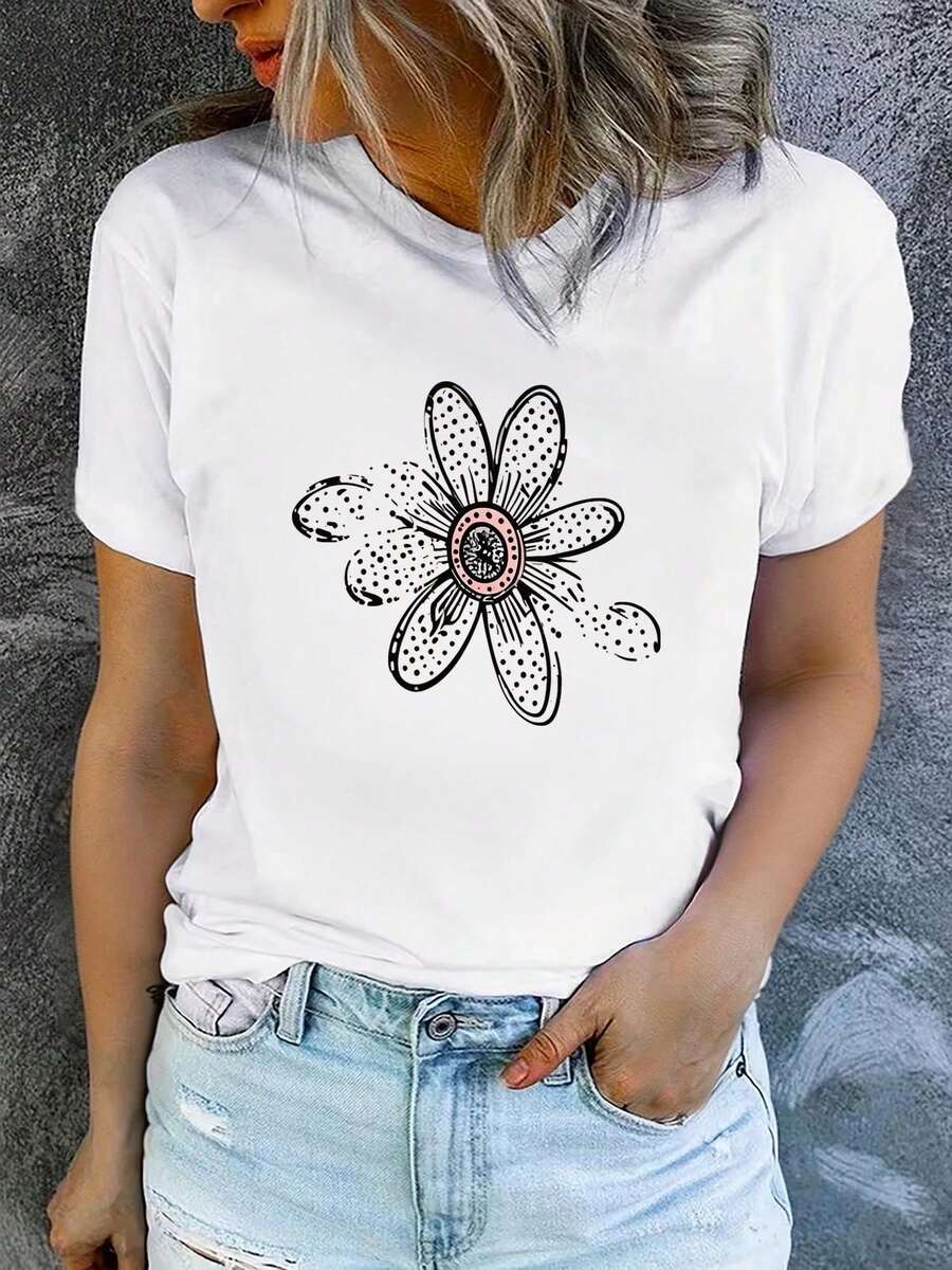 Women's Summer T-Shirt, White, Round Neck, Short Sleeves, And Printed, Available In Various Styles, Sizes S-XXXL, Made Of Pure Cotton And Machine Washable. ATLJ - 白色_06 - 查看 1