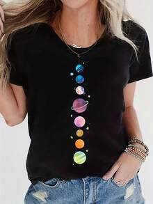 Black Casual Short T-Shirt - 黑色 - 查看 1