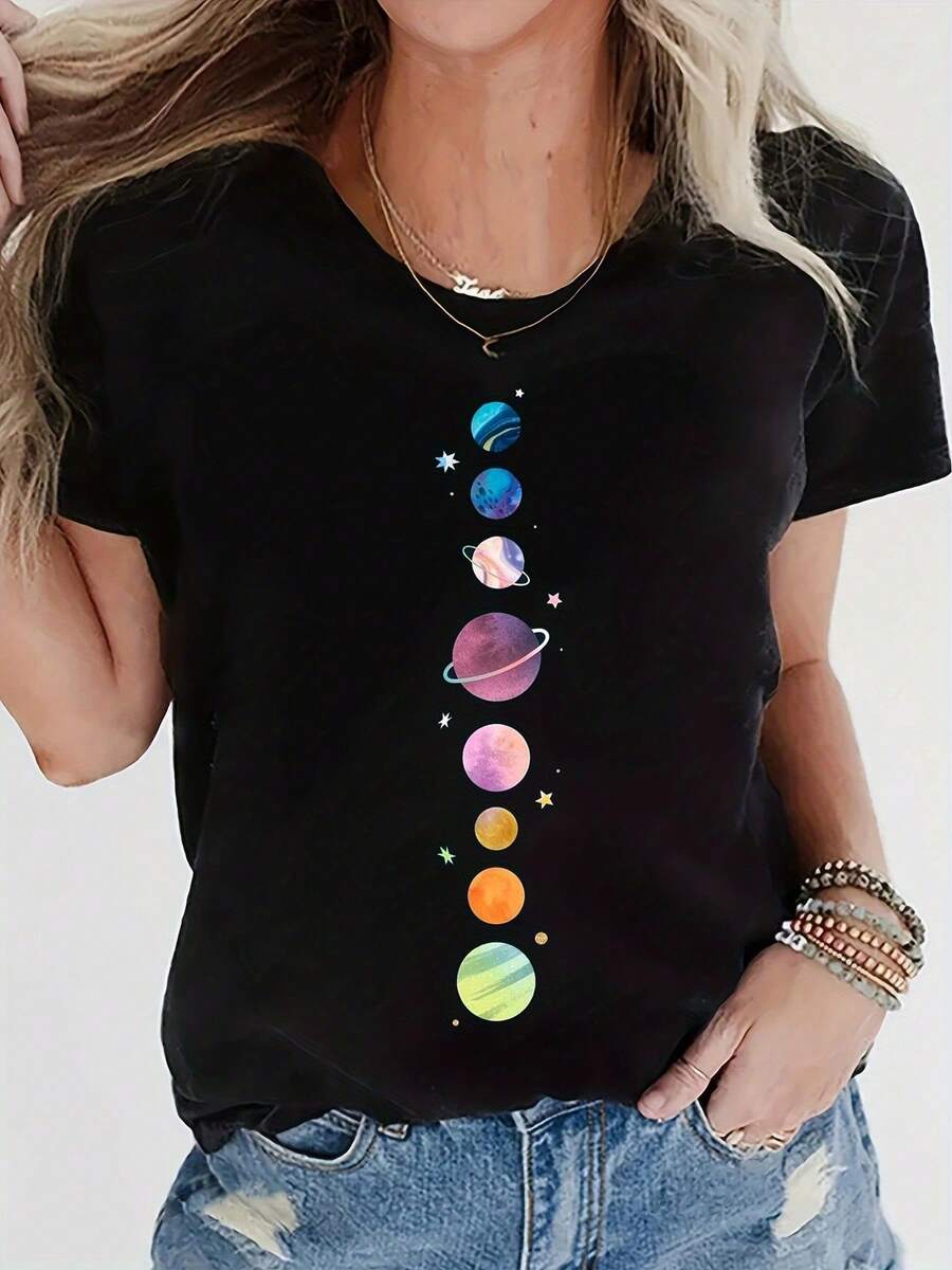 Black Casual Short T-Shirt - 黑色 - 查看 1