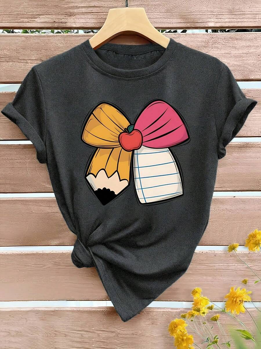 Regalo divertido para maestra, camiseta con lazo de manzana, top casual de poliéster de cuello redondo y manga corta, tela, ropa de mujer a la moda