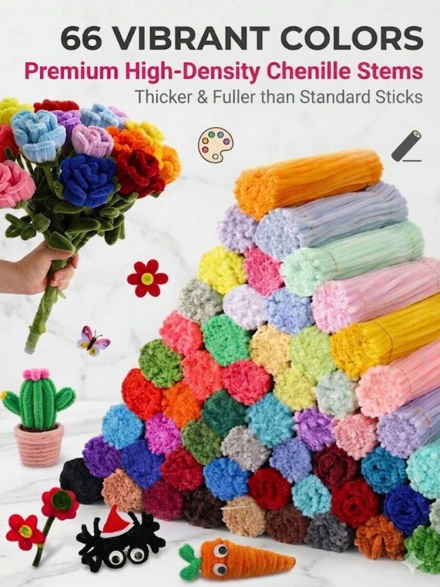 10-400pcs Batang Chenille Pipa DIY Kemasan Massal Dengan Video Tutorial, 60 Warna Batang Chenille Tebal 30cm Berwarna-warni, Batang Kerajinan Plush yang Dapat Dibengkokkan, Cocok untuk Membuat Bunga, Kerajinan Kembali ke Sekolah, Aksesori Rambut Plush dan Dekorasi DIY, Warna Asli Sesuai Gambar - Beberapa - View 1