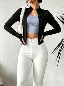 Y2K Style Yoga Jacket With Zipper - Slim Fit Design And Long Sleeves With Thumbholes - 黑色 - 查看 5