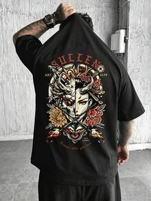 Krometka Men's Retro American Street Style Loose Fit Short Sleeve T-Shirt | Half Geisha Half Oni Mask Split Image Print | Exquisite Design | Essential For Spring/Summer | Versatile All-Match Tee | Express Personal Style - Black - View 2