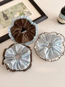 Bộ 3 chiếc/1 chiếc dây buộc tóc sọc xanh thanh lịch, dây buộc tóc cỡ lớn, kẹp tóc đuôi ngựa ren, phụ kiện tóc đa năng. - Nhiều màu - Xem 3