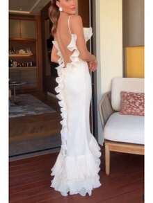 Long Party Dress 2026, Straps, Open Back, Ruffles And Fitted Hip Cut, European And American Style - White - View 4