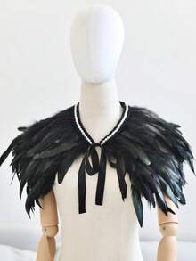 1件黑色香氛仿珍珠羽毛披肩斗篷，節日Cosplay舞台表演服裝，優雅哥德風動物暗黑復古誇張時尚配飾道具，派對用 - 黑色 - 查看 8