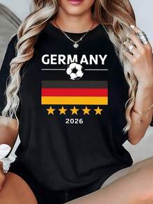 German Flag With Soccer Ball And Gold Stars Symbolizing Passion For Sport And National Pride, Women's Casual Modern Comfortable T-Shirt For Everyday Wear - 黑色 - 查看 8