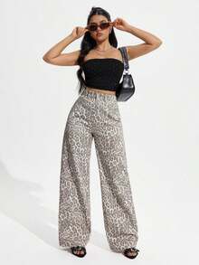 Jeans de mezclilla de pierna ancha recta de diseño simple con cintura alta para mujeres a la moda - Multicolor - Ver 7