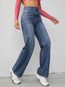 Pantalones vaqueros para mujer de pierna ancha y ajuste holgado con bolsillos para uso diario - Azul lavado oscuro 5 - Ver 6