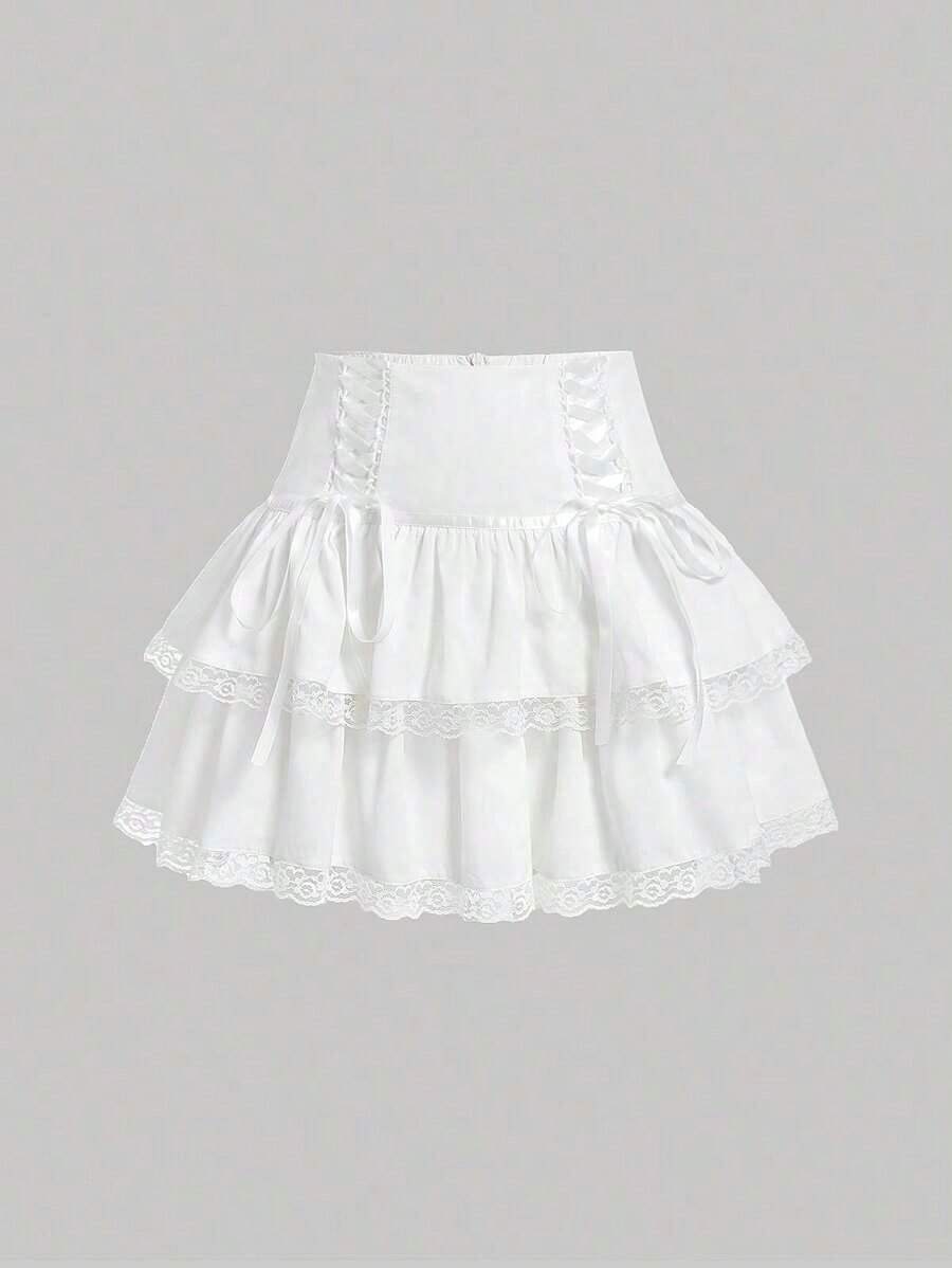 MOD Falda midi con volantes de doble capa con tirantes, falda blanca, falda de verano - Blanco - Ver 1
