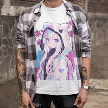 Vintage Pastel Cat Ear T-Shirt For Girls | Cute Comic Book Girl | Harajuku Style Japanese Streetwear | Unisex Loose Fit | Kawaii Anime | Anime Fashion Items - 白色 - 查看 6