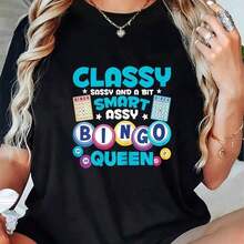 Stylish And Fun Bingo Queen Graphic T-Shirt – Unisex Plus Size Casual T-Shirt With A Vibrant Bingo Ball Design, Short Sleeves, Crew Neck, Machine Washable, Black, Suitable For Both Women And Men, Perfect For Casual Or Special Events. - 黑色 - 查看 1