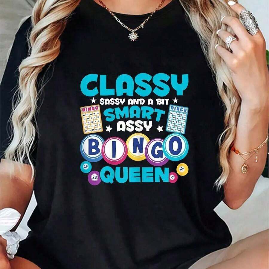Stylish And Fun Bingo Queen Graphic T-Shirt – Unisex Plus Size Casual T-Shirt With A Vibrant Bingo Ball Design, Short Sleeves, Crew Neck, Machine Washable, Black, Suitable For Both Women And Men, Perfect For Casual Or Special Events. - 黑色 - 查看 1
