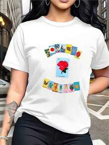 Women's Short-Sleeved Printed T-Shirt, 100% Pure Cotton, Crew Neck, Simple, Fashionable, Easy To Match, Loose Fit, Vacation T-Shirt, Suitable For All Seasons - Ideal For Summer - Vintage Street Style Unisex Cotton Short Sleeve Crew Neck T-Shirt - 白色的 - 查看 6