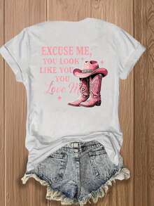 Women's Double-Sided Cotton T-Shirt With Colorful Print, Western Style, Featuring Cowboy Boots And Hat, Funny Slogan Tee, Perfect For Country Music Fans,  Casual Top For Summer, New Arrival. - 白色 - 查看 4