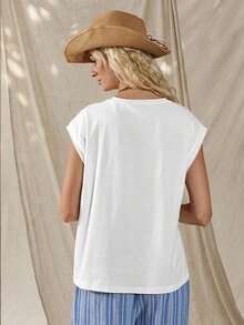 Camiseta de cuello redondo sólida, casual para el verano - Blanco - Ver 2