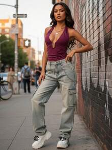 Women's Halter Neck Vest Summer Sleeveless Open Back Slim Ruched Tie Neck Tank Tops - Morado - Ver 4