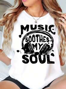 New Arrivals For Summer. Women's Round Neck T-Shirt, Graphic Print "Music Calms My Soul", Casual Loose Fit, Blouse, Shirt > Beautiful. - 白色 - 查看 6