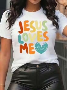 Nuevas llegadas para el verano. Camiseta de mujer con estampado de "Jesus Loves Me", texto colorido y corazón, cuello redondo, uso diario casual, suave y cómoda, moda religiosa para festivales. Blusa, camisa > Hermosa. - Blanco - Ver 7