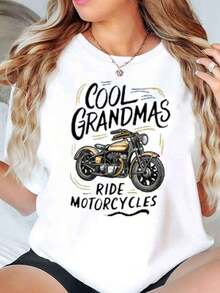 New Arrivals For Summer. Women's Crew Neck T-Shirt With Cool Grandmas Riding Motorcycle Graphic Print, Casual Summer Blouse, Shirt > Beautiful. - 白色 - 查看 6