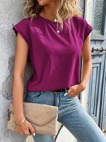 Camiseta casual de cuello redondo y mangas de murciélago - Rojo violeta - Ver 4