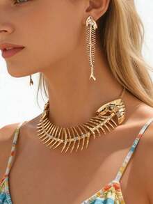 2pcs/Set Summer Beach Vacation Ocean Style Vintage Exaggerated Metal Fish Bone Rhinestone Necklace With Long Tassel Earrings, Suitable For Women's Daily And Party Wear - Yellow Gold - View 7