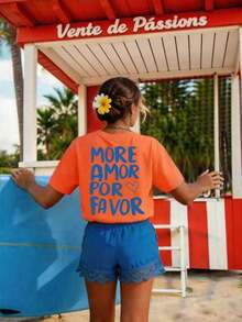 Women's T-Shirt, Casual Urban Style, Short Sleeve Graphic T-Shirt, Cute Summer T-Shirt - 橘色 2 - 查看 6